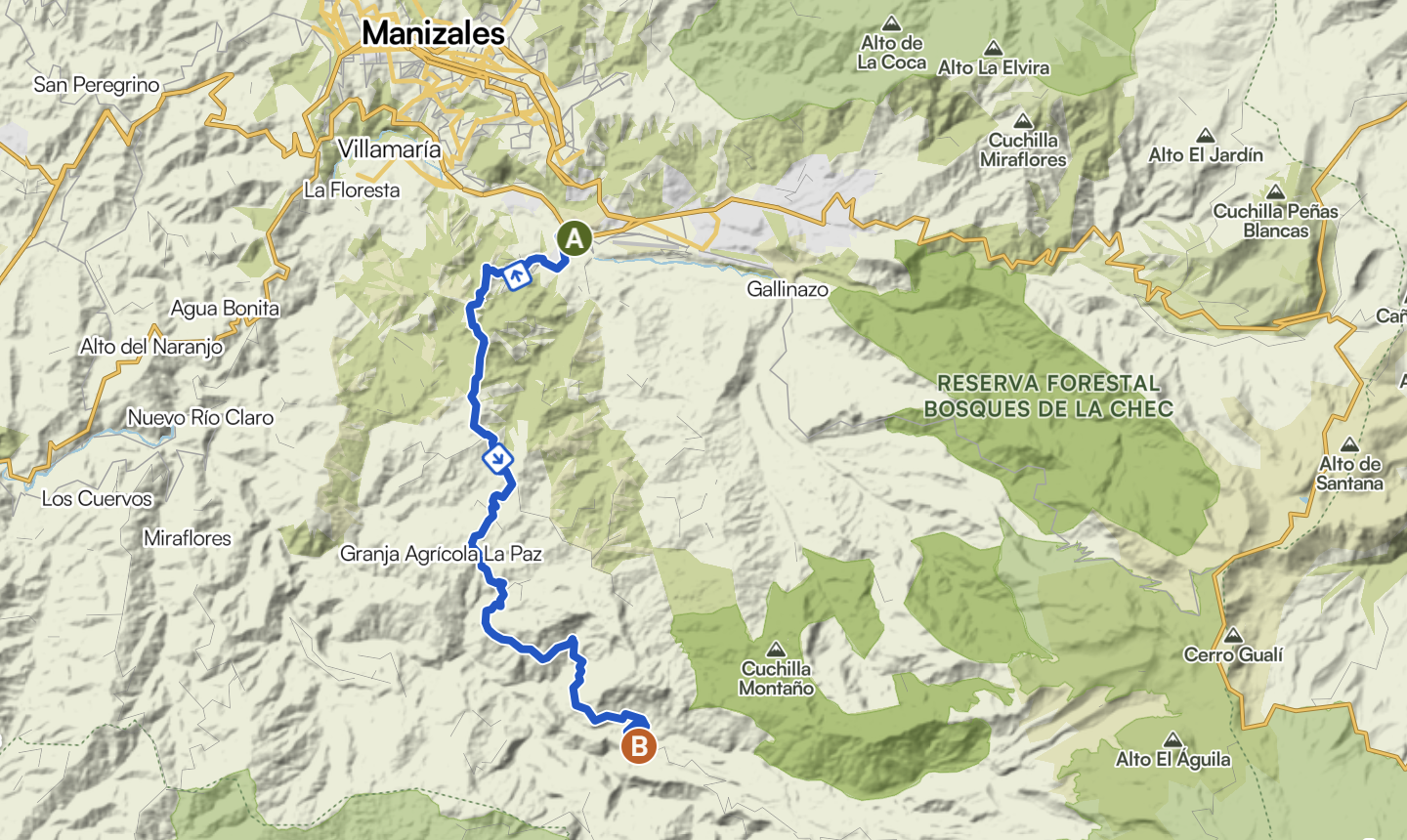 Mapa de la ruta de ascenso y descenso desde la vereda Gallinazo hasta la Cascada Los Molinos, al sur de Manizales
