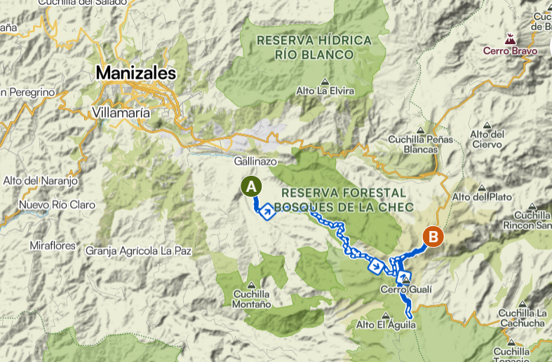 Mapa del recorrido Nevados y Bicicamping en el Parque Nacional Los Nevados