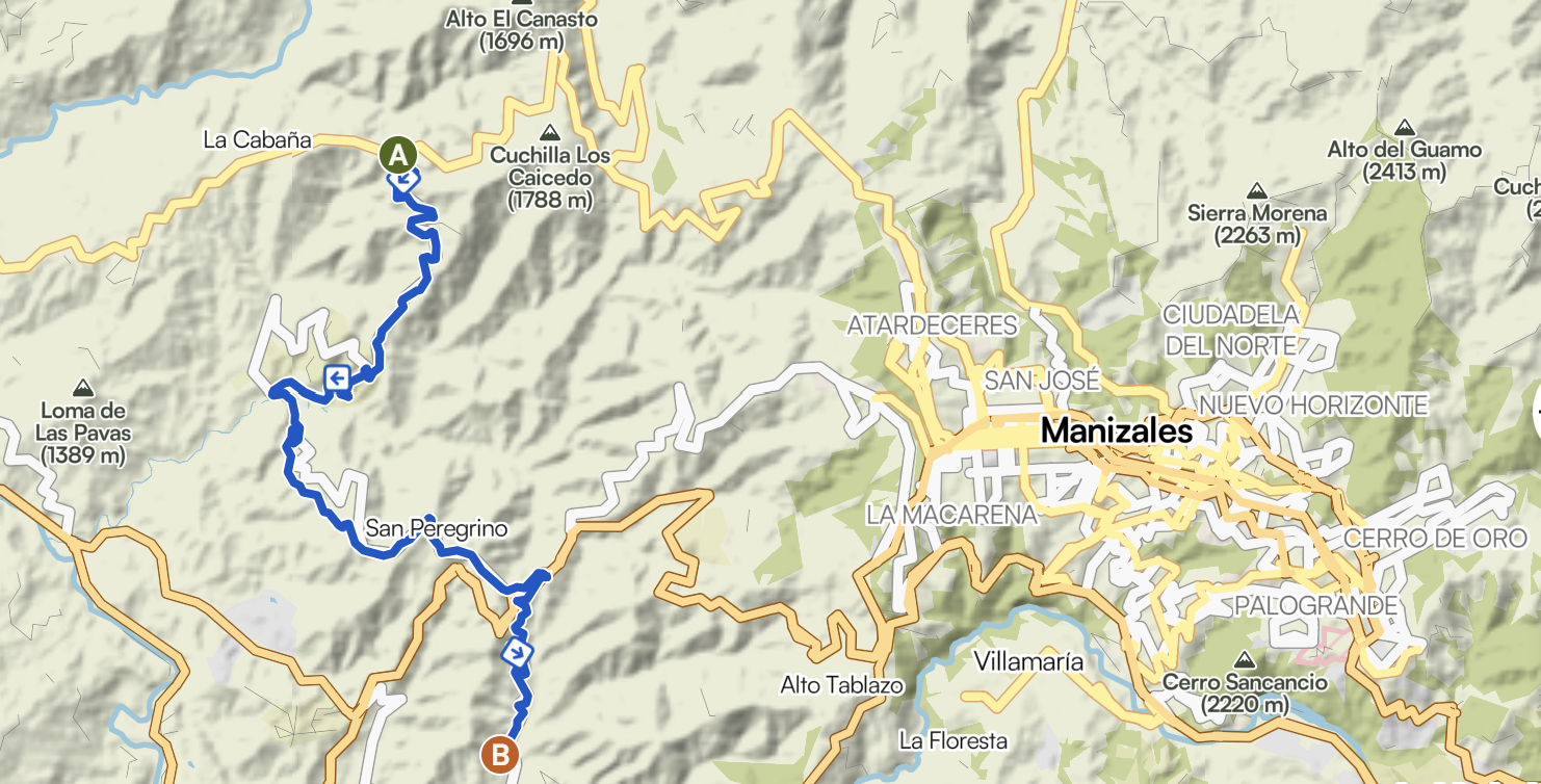 Mapa de la ruta PCC desde la vereda El Chuzo hasta Hacienda Venecia, al occidente de Manizales